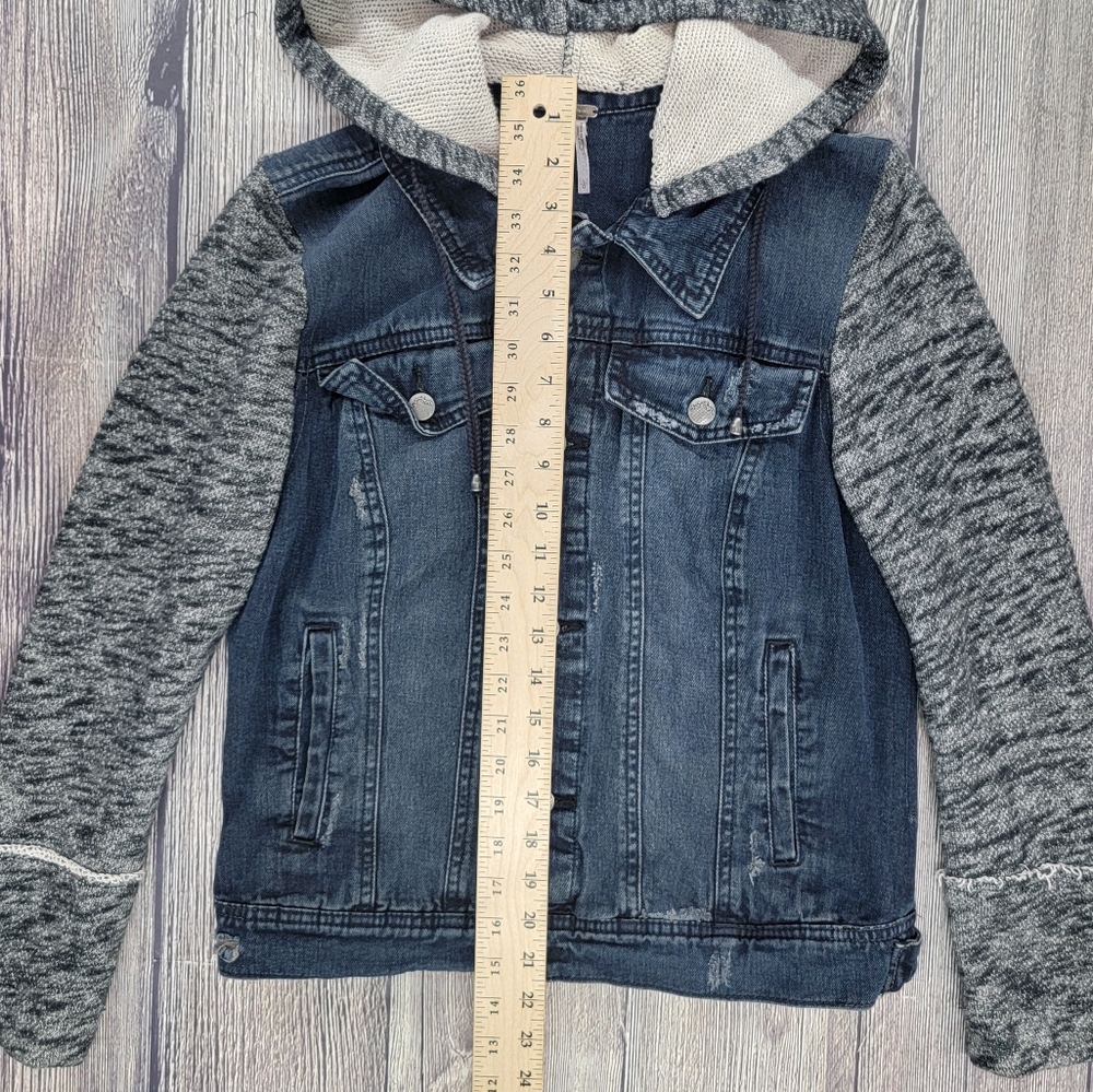 Free People Distressed Denim Jacket With Knit Sleeves and Hood - Picture 11 of 11